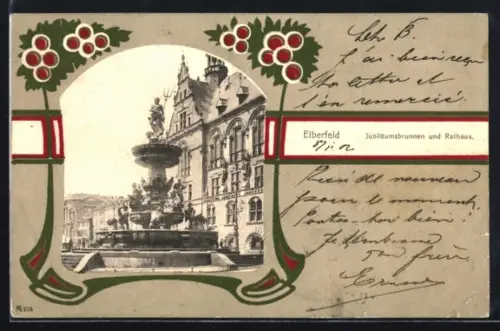 AK Elberfeld, Jubiläumsbrunnen und Rathaus im Jugendstil-Passepartout