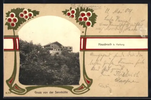 AK Hamburg-Harburg, Sennhütte im Jugendstil-Passepartout