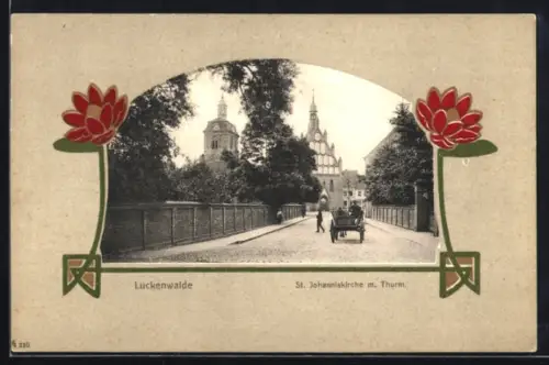 AK Luckenwalde, St. Johanniskirche m. Thurm im Jugendstil-Passepartout