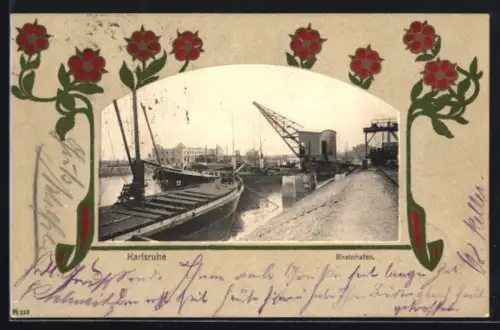 AK Karlsruhe, Rheinhafen im Jugendstil-Passepartout mit roten Blumen