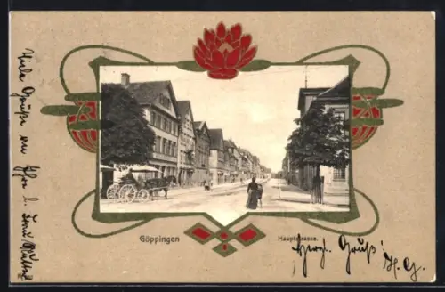 AK Göppingen, Hauptstrasse im Jugendstil-Passepartout