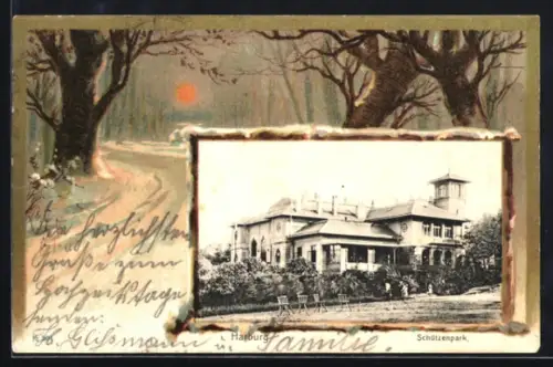Grusskarten-AK Harburg, Schützenpark in der Aussenansicht und verschneiter Waldweg im Passepartout