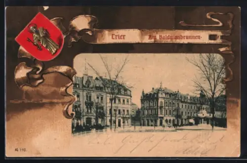 Grusskarten-AK Trier, Partie am Balduinsbrunnen, Wappen im Passepartout