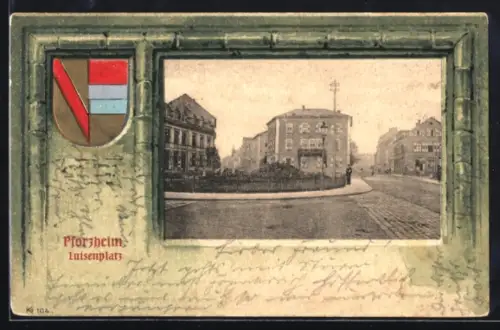 AK Pforzheim, Luisenplatz mit Leuten, Wappen