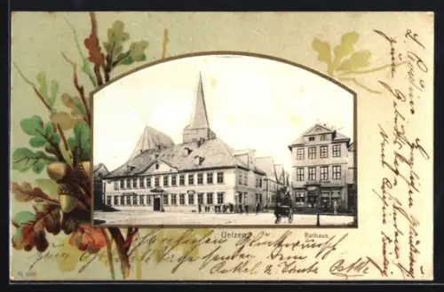 AK Uelzen, Rathaus mit Rahmen, Eichen im Passepartout
