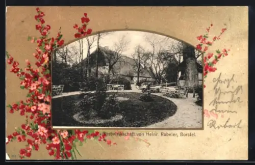 Grusskarten-AK Borstel, Gasthaus von Heinrich Rabeler mit Grünanlage, Blumen im Passepartout
