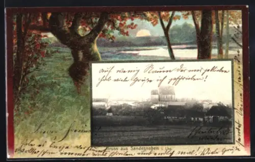 Grusskarten-AK Sandesneben i. Lbg., Teilansicht des Ortes mit idyllischem Waldstück im Passepartout