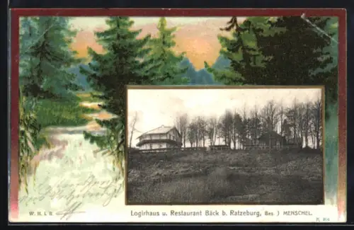 Grusskarten-AK Ratzeburg, Logirhaus und Restaurant Bäck, Bes. J. Menschel, Waldpartie im Passepartout