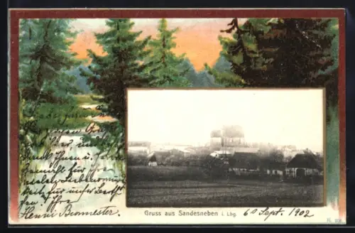 Grusskarten-AK Sandesneben i. Lbg., Teilansicht des Ortes mit Waldpartie im Passepartout