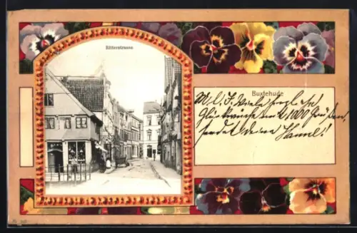 Grusskarten-AK Buxtehude, Partie in der Ritterstrasse mit Stiefmütterchen im Passepartout