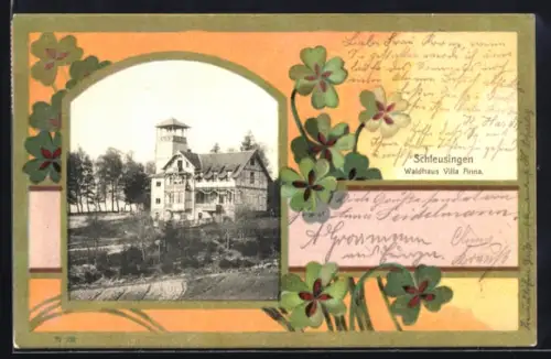 Grusskarten-AK Schleusingen, Waldhaus Villa Anna in der Aussenansicht und Kleeblätter im Passepartout