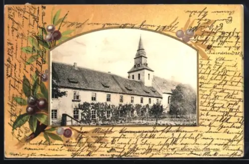 Grusskarten-AK Badersleben, Ackerbauschule des Klosters, Beeren im Passepartout
