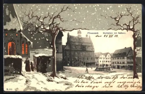 Grusskarten-AK Pössneck, Marktplatz mit Rathaus, Kirchgänger im Schnee im Passepartout