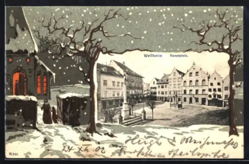 Grusskarten-AK Weilheim, Partie am Hauptplatz mit schneebedecktem Ort im Passepartout