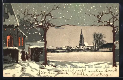 Grusskarten-AK Rathenow, Teilansicht des Ortes mit Kirche, schneebedeckte Strasse vor einer Kirche im Passepartout