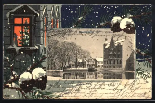 AK Neumünster, Ortspartie im Winter mit Häusern und Weiher, Tannenzapfen und Weihnachtsbaum im Passepartout