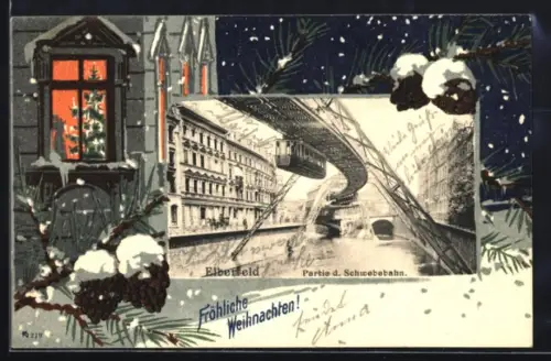 Grusskarten-AK Elberfeld, Partie an der Schebebahn, Tannenzapfen und Äste im Passepartout