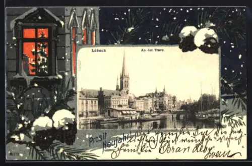 Grusskarten-AK Lübeck, Partie an der Trave mit Kirche, Tannenzapfen und Äste im Passepartout, Neujahrsgruss