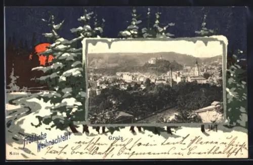 Grusskarten-AK Greiz, Teilansicht des Ortes mit Umgebung, schneebedeckte Waldpartie im Passepartout, Weihnachtsgruss