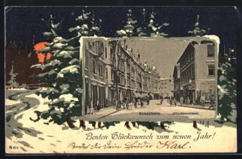 Grusskarten-AK Rosenheim, Partie an der Münchnerstrasse, verschneiter Wald im Passepartout