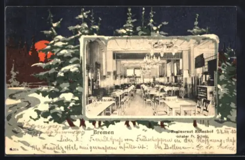 Grusskarten-AK Bremen, Reustaurant Rutenhof, Inh. Fr. Scholz, Speisesaal, schneebedeckter Waldweg im Passepartout