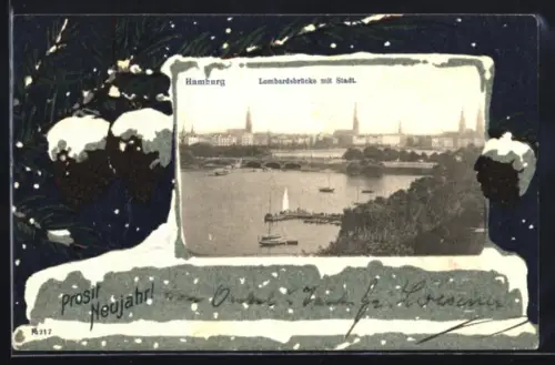 Grusskarten-AK Hamburg, Lombardsbrücke mit Teilansicht des Ortes, Tannenzapfen im Passepartout, Neujahrsgruss