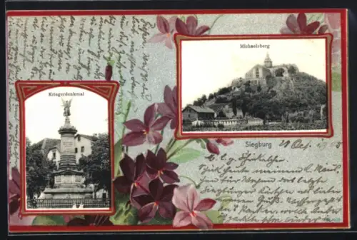 AK Siegburg, Kriegerdenkmal, Michaelsberg, lilafarbene Blumen im Passepartout
