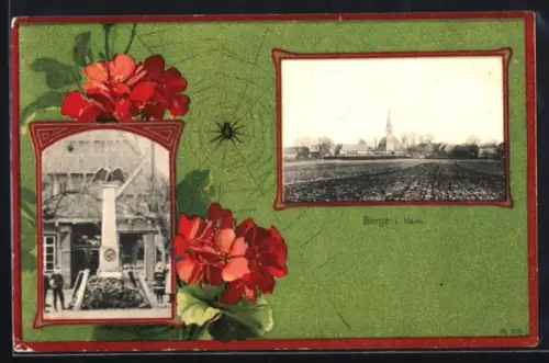 Passepartout-AK Berge i. Hann, Denkmal und Totalansicht mit Spinnennetz und Blumen im Passepartout