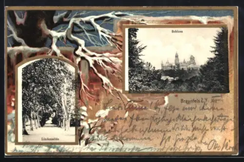 AK Braunfels, Schloss und Lindenallee, verschneiter Baum im Passepartout