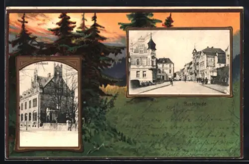 Grusskarten-AK Buxtehude, Strassenpartie und Postamt, Nadelbäume während des Sonnenuntergangs im Passepartout