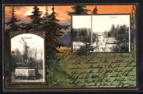 Grusskarten-AK Friedrichsruh, Blick auf das Schloss und Hirschgruppe-Statue, Nadelbäume im Passepartout