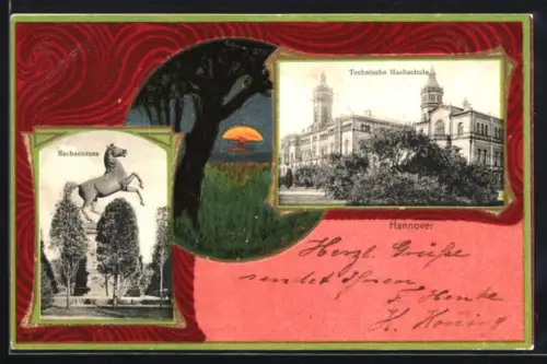 Grusskarten-AK Hannover, Technische Hochschule und Sachsenross-Statue, Sonnenuntergang im Passepartout