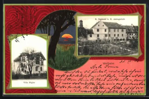 Grusskarten-AK Weilheim, K. Rentamt und K. Amtsgericht, Villa Bogler, Sonnenuntergang im Passepartout