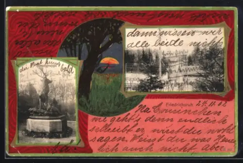 Grusskarten-AK Friedrichsruh, Schloss und Hirschgruppe-Statue, Sonnenuntergang im Passepartout