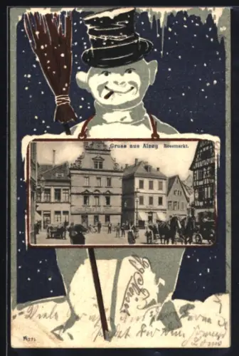 Grusskarten-AK Alzey, Partie am Rossmarkt mit Geschäft von Carl Medicus, Schneemann im Passepartout
