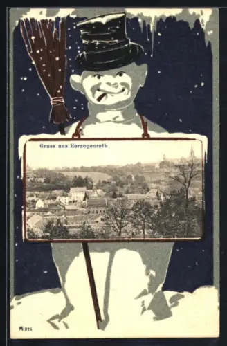 Grusskarten-AK Herzogenrath, Teilansicht des Ortes, Schneemann im Passepartout