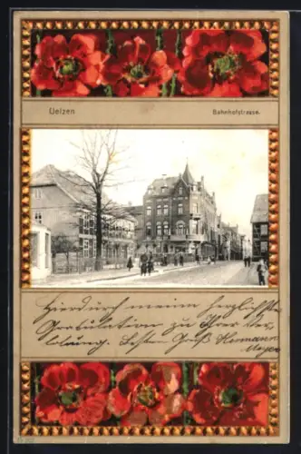 Grusskarten-AK Uelzen, Partie in der Bahnhofstrasse, Mohnblumen im Passepartout
