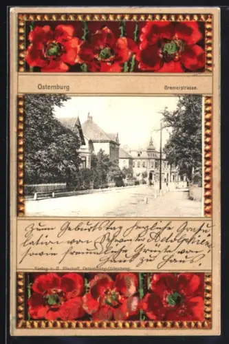 Grusskarten-AK Osternburg, Partie in der Bremerstrasse mit roten Mohnblumen im Passepartout