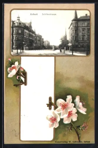 Grusskarten-AK Erfurt, Partie in der Schillerstrasse mit Mohnblumen im Passepartout