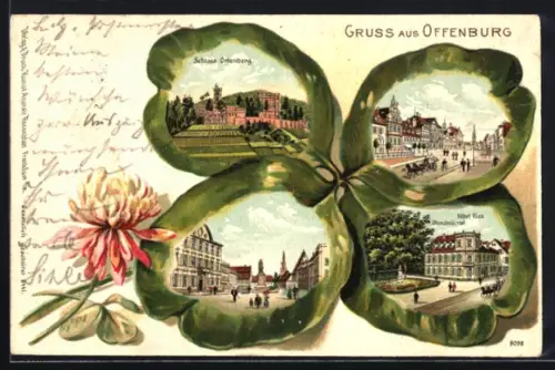 Passepartout-Lithographie Offenburg, Schloss Ortenberg, Hotel Ries, in Kleeblättern angeordnet