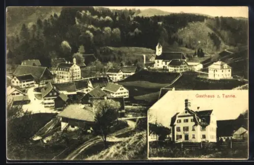 AK Eisenbach /Allgäu, Gasthaus zur Tanne, Teilansicht mit Kirche