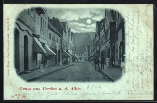 Mondschein-AK Verden a. d. Aller, Strassenpartie