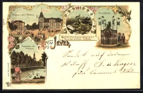 Lithographie Jever, Marktplatz und Hof von Oldenburg, Prinzengraben mit Schlossturm, Bismarckdenkmal