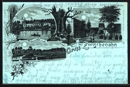 Mondschein-Lithographie Zwischenahn, Kurhaus, Gasthaus zu Dreibergen, Marktplatz