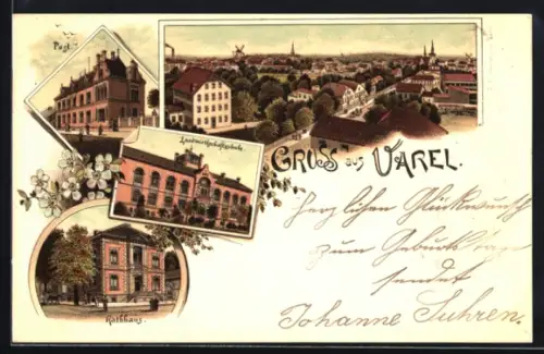 Lithographie Varel, Landwirtschaftsschule, Rathaus, Post