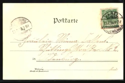 Lithographie Varel, Landwirtschaftsschule, Rathaus, Post