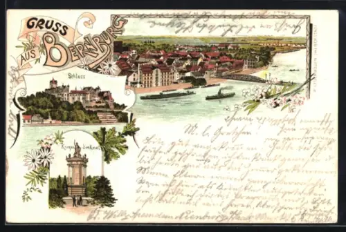 Lithographie Bernburg, Schloss, Kriegerdenkmal, Teilansicht