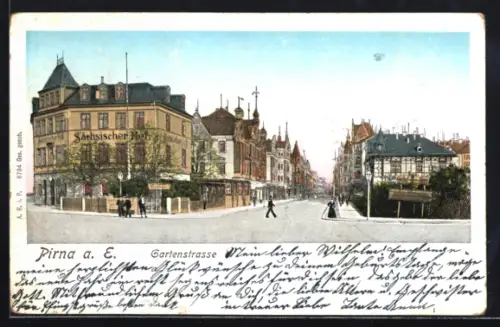 Goldfenster-AK Pirna a. E., Gartenstrasse und Hotel Sächsischer Hof mit leuchtenden Fenstern