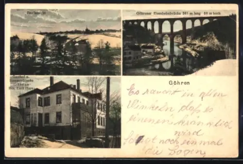 AK Göhren, Gasthof Göhren, Göhrener Eisenbahnbrücke, Totalansicht