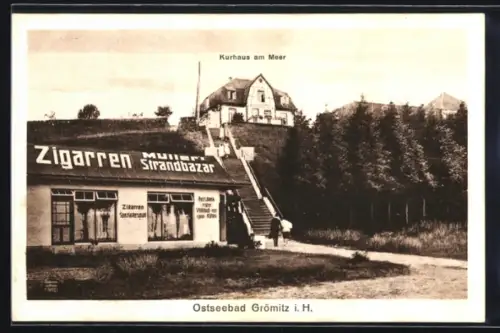 AK Grömitz i. H., Ostseebad, Kurhaus am Meer und Zigarrengeschäft Müllers Strandbazar